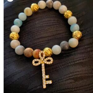 Amazonite Natural Stone Bracelet, Goldtone & Rhinestone Key Charm